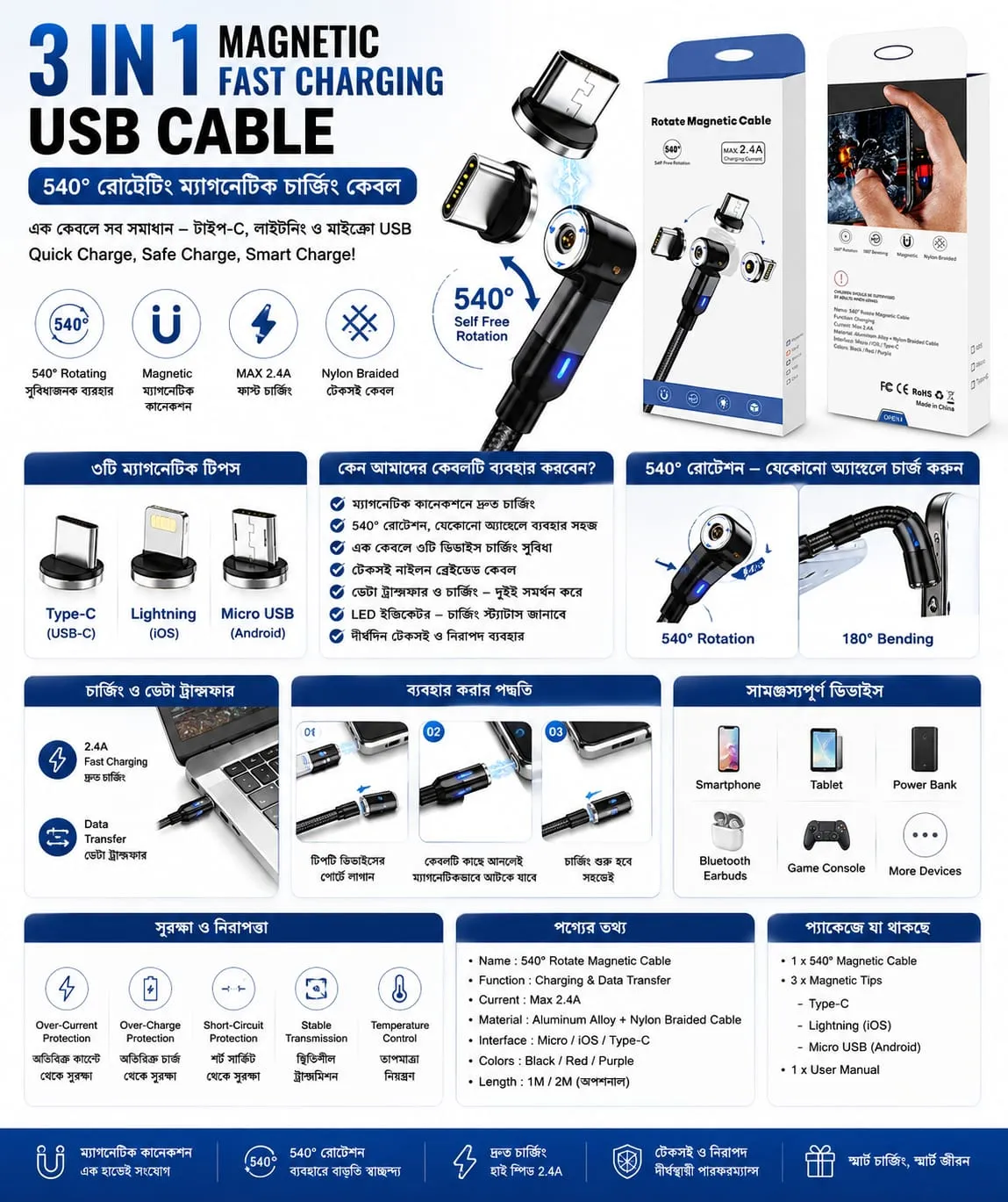 ৩ ইন ১ ম্যাগনেটিক ফাস্ট চার্জিং USB কেবল – ৫৪০° রোটেটিং