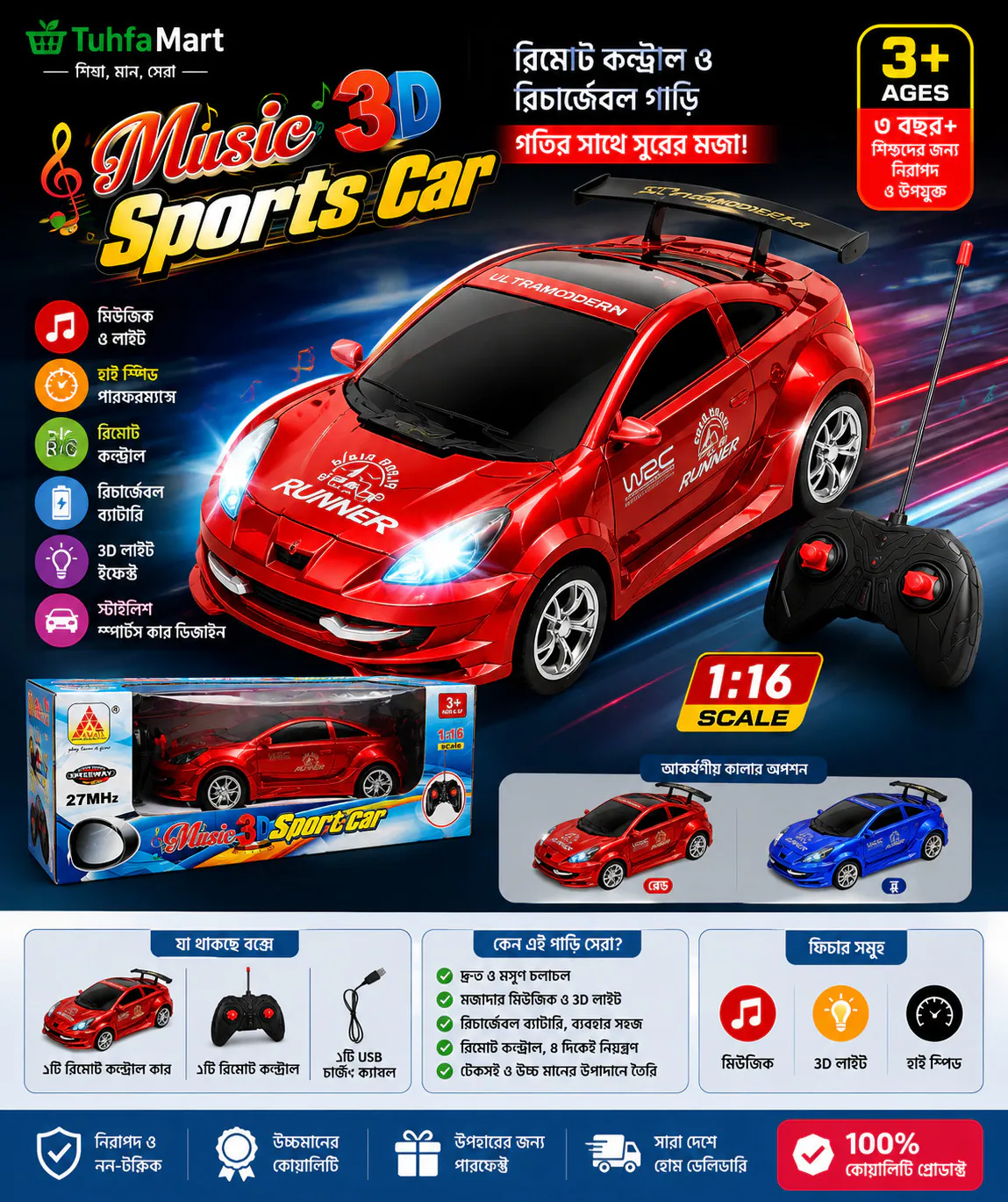 Music 3D Sports Car রিমোট কন্ট্রোল ও রিচার্জেবল গাড়ি – লাইট, মিউজিক ও হাই স্পিড RC Toy